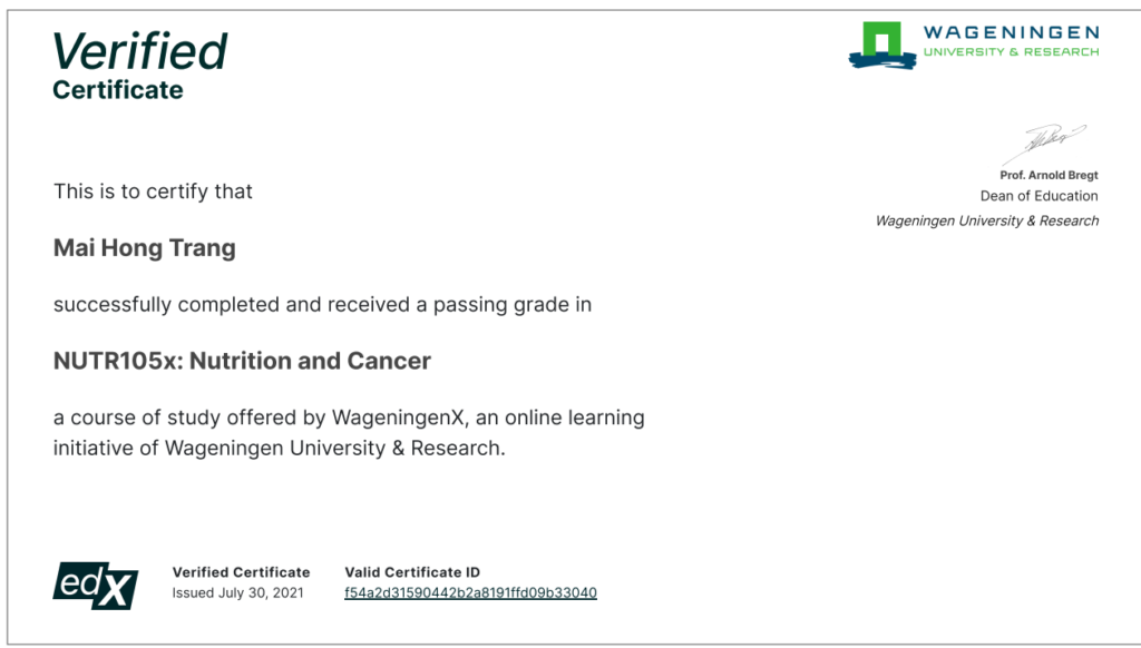Chứng chỉ về Dinh Dưỡng và bệnh ung thư